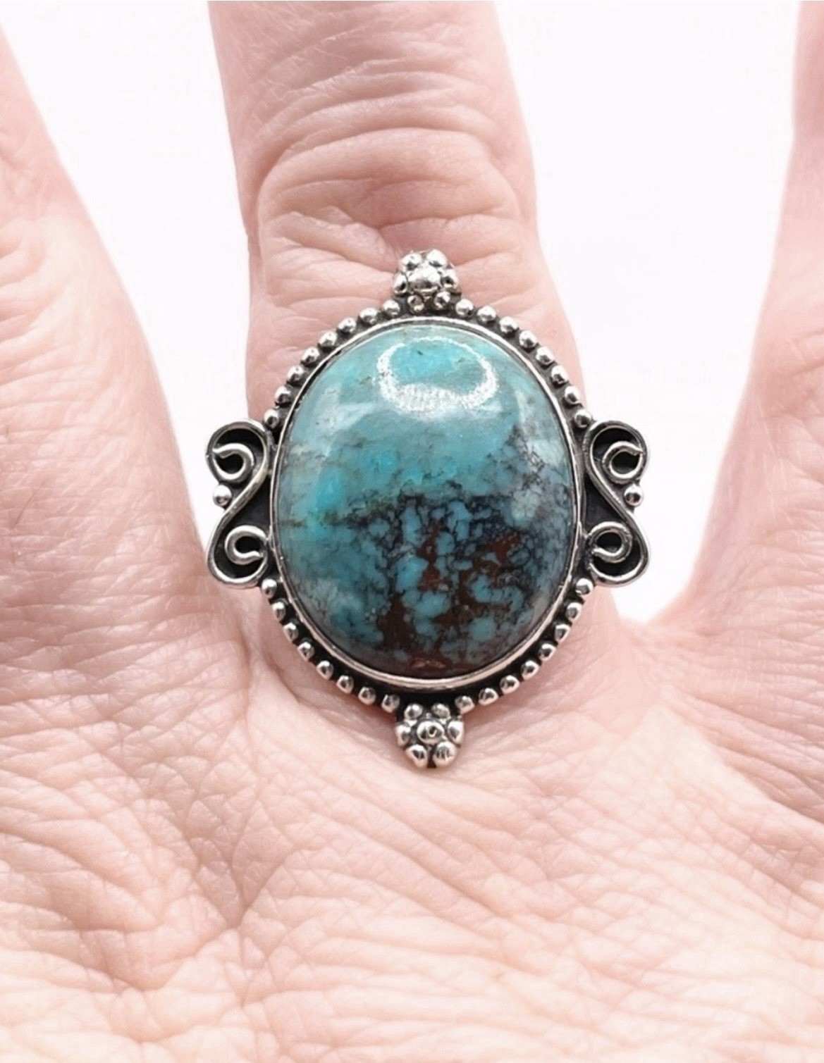 Tibetan Turquoise Oval Bezel Statement 925 Sterling Silver Ring Band Size 8.5
