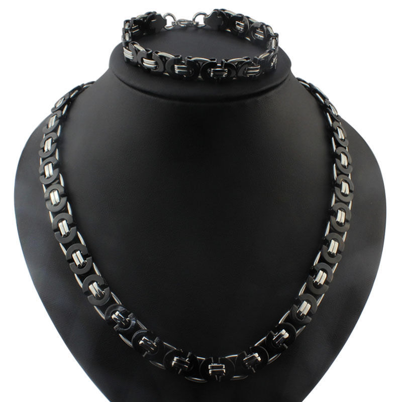Men’s Jewelry Stainless Steel Silver Black Byzantine Chain Necklace&Bracelet Set
