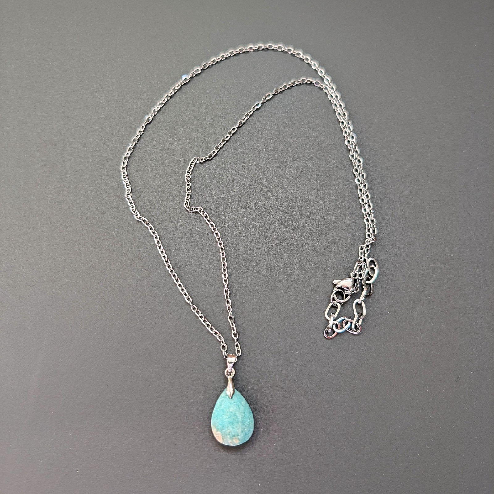 Amazonite Pendant Necklace, Sky River Natural Stone, Stainless Steel Chain