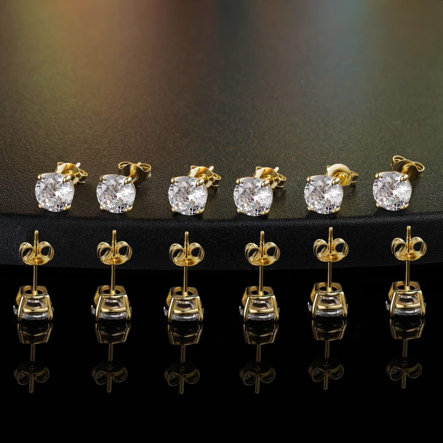 MDFUN Hypoallergenic CZ Stud Earrings Set for Women/Men,6 Pairs 18K Gold Plat…