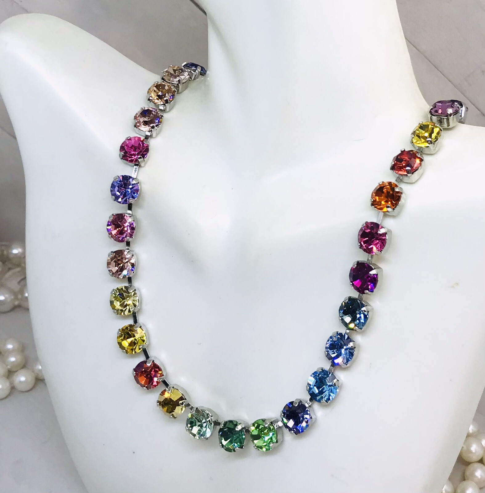 Silver Plated 33 Stone Colorful Rainbow Cup Chain Crystal Necklace