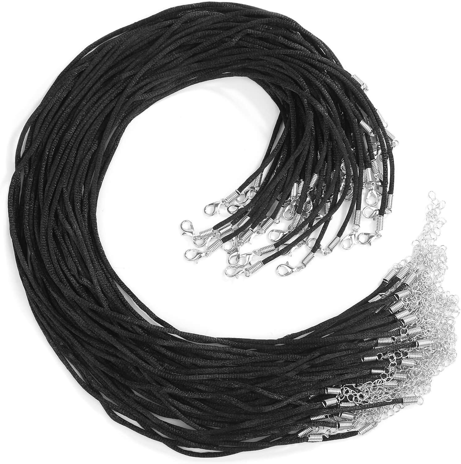 50Pcs Satin Silk Necklace Cord with Lobster Clasp and Extension Chain for Neckla