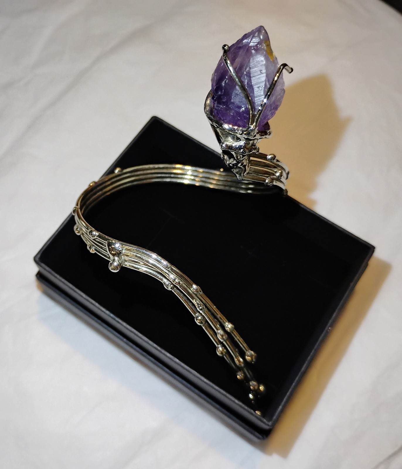 Raw Amethyst Point Silver Tone Brutalist Sculptural Wrap Bracelet