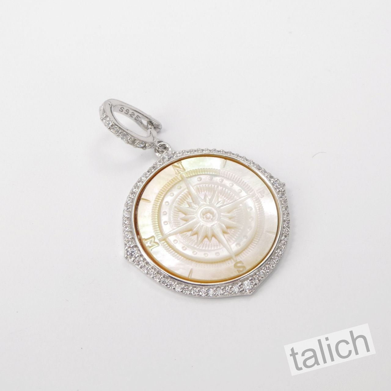 925 Sterling Silver CZ MOP Compass Rose Cameo Pendant North Star Unique Gift