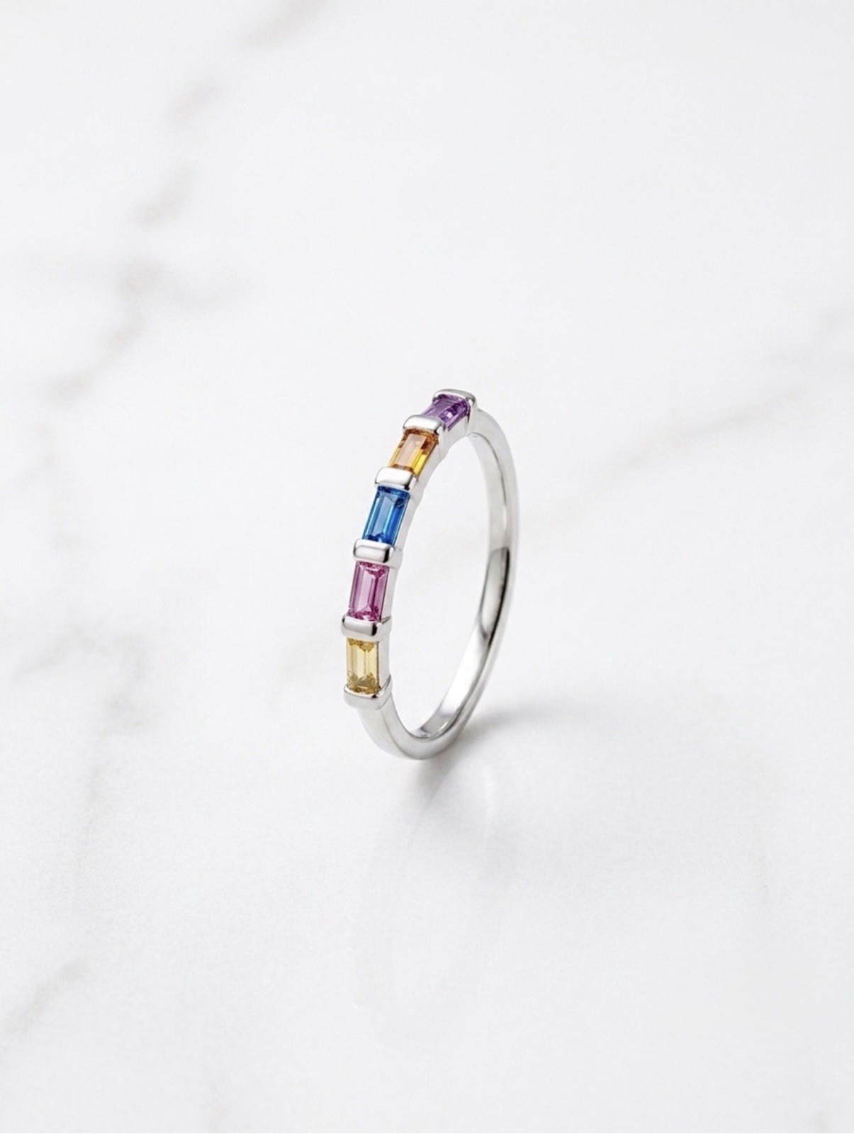 Platinum Plated Multicolor Baguette Crystal Ring | Silver Stackable Band Ring