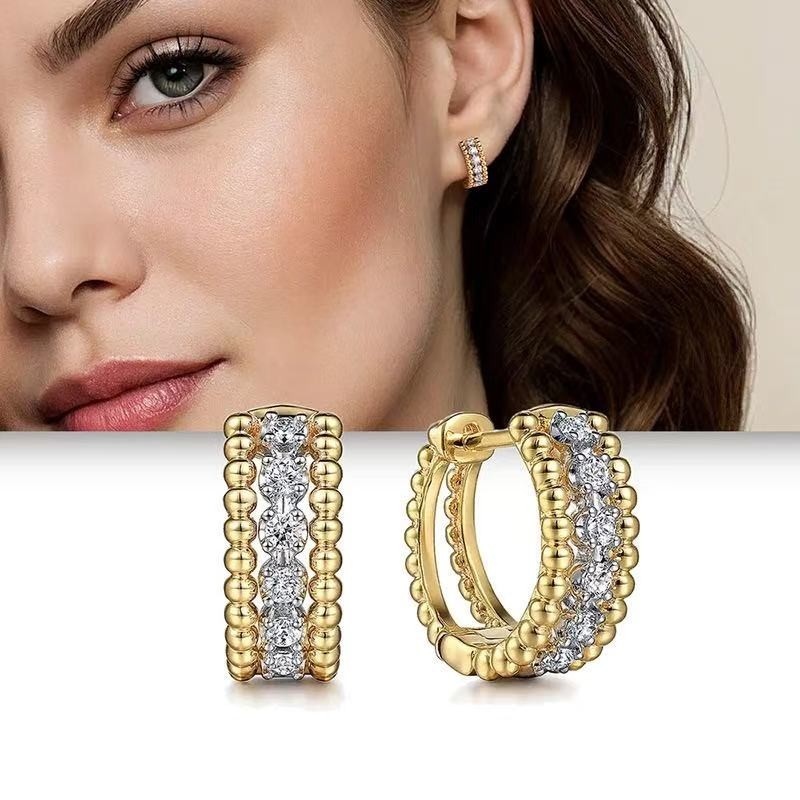 Women 18K Gold Plated CZ Sparkling Beaded Round Hoop Huggie Earring Stud 15mm