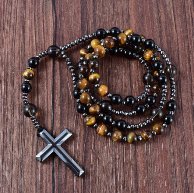 Black Tiger Eye Hematite Cross Necklace Hand Knotted Beads Lucky Pendant