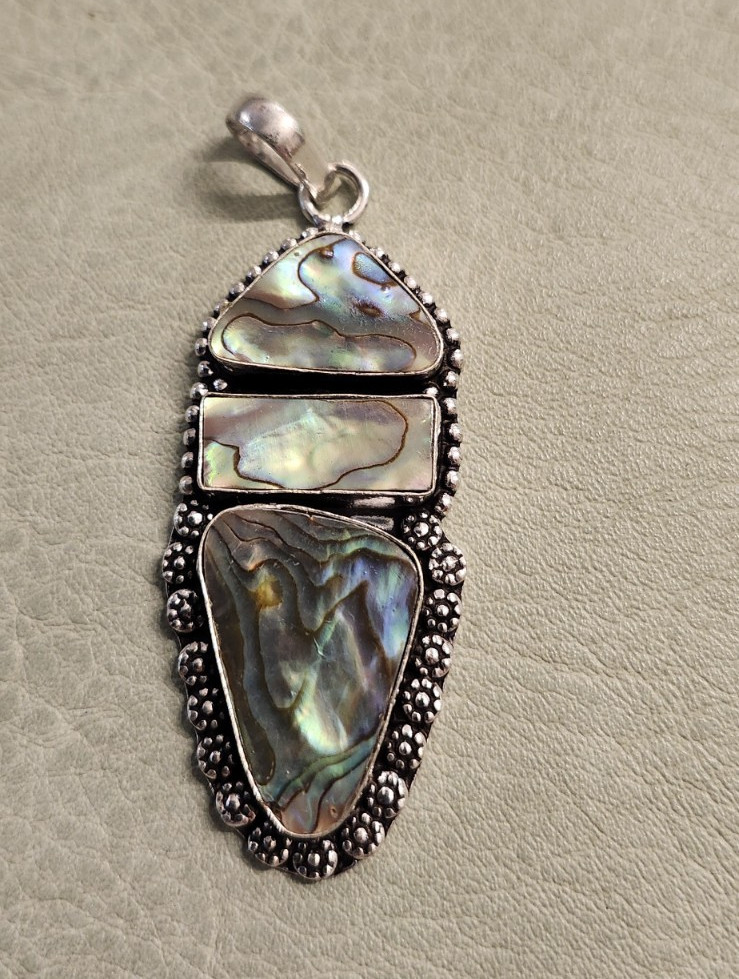 925 Plated Silver Abalone Shell Inlay Bezel Charm Pendant Signed Multicolor