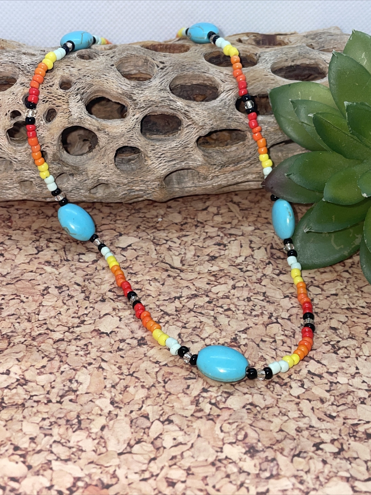 Handmade Beaded Turquoise Black Orange Yellow Choker Necklace BRIGHT Stocking St
