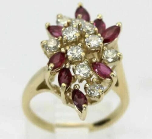 2.90Ct Marquise Simulated Ruby Cluster Engagement Ring 14k Yellow Gold Plated