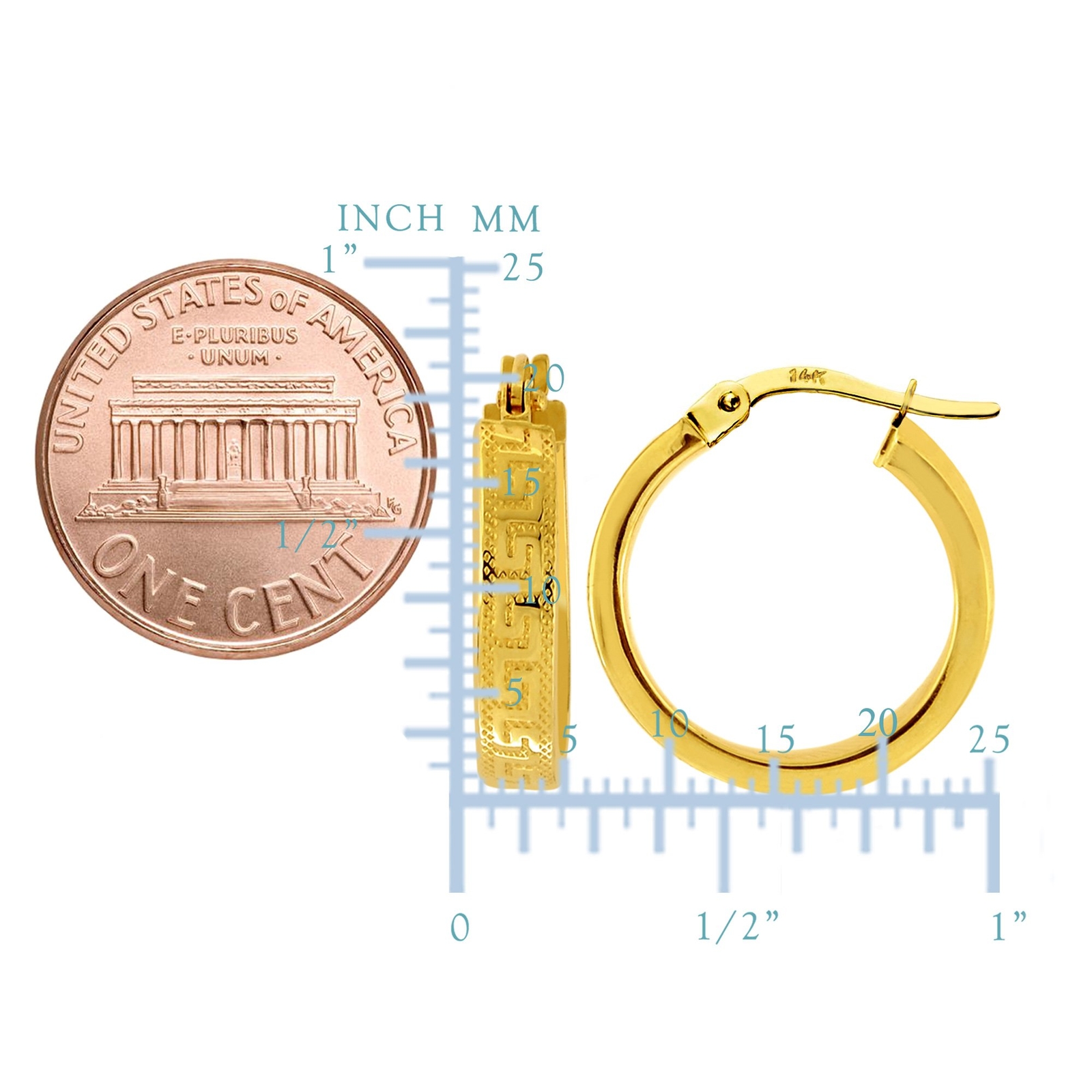 14K Yellow Gold Round Greek Key Hoop Earrings, Diameter 15mm