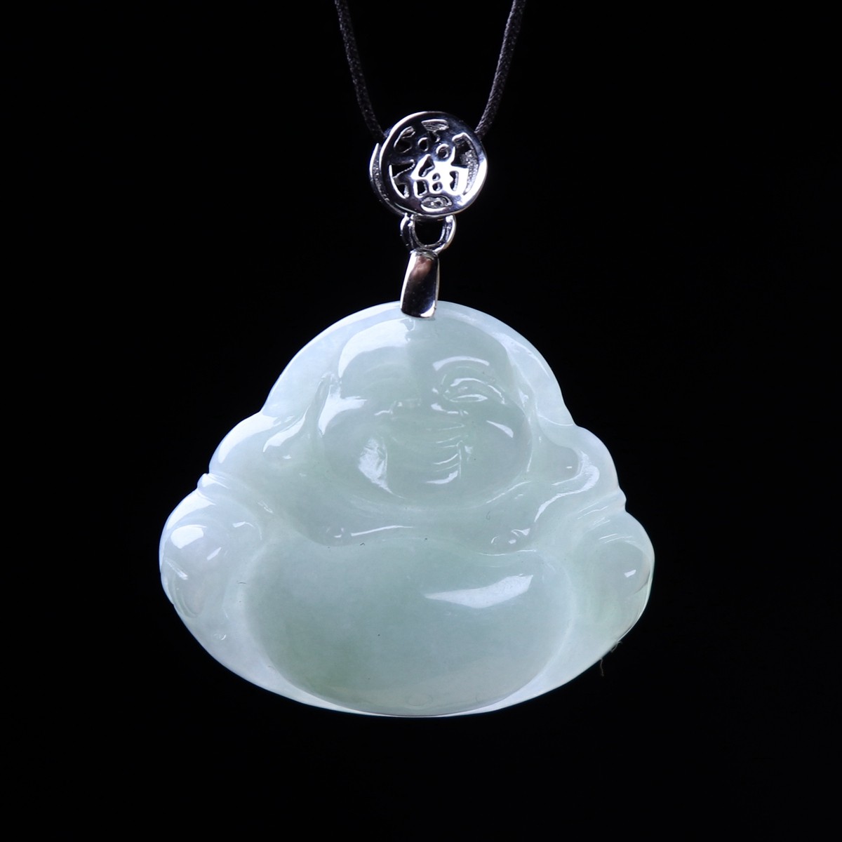 Certified Green jade jadeite Maitreya Buddha pendant 925 Silver buckle 39386 佛公