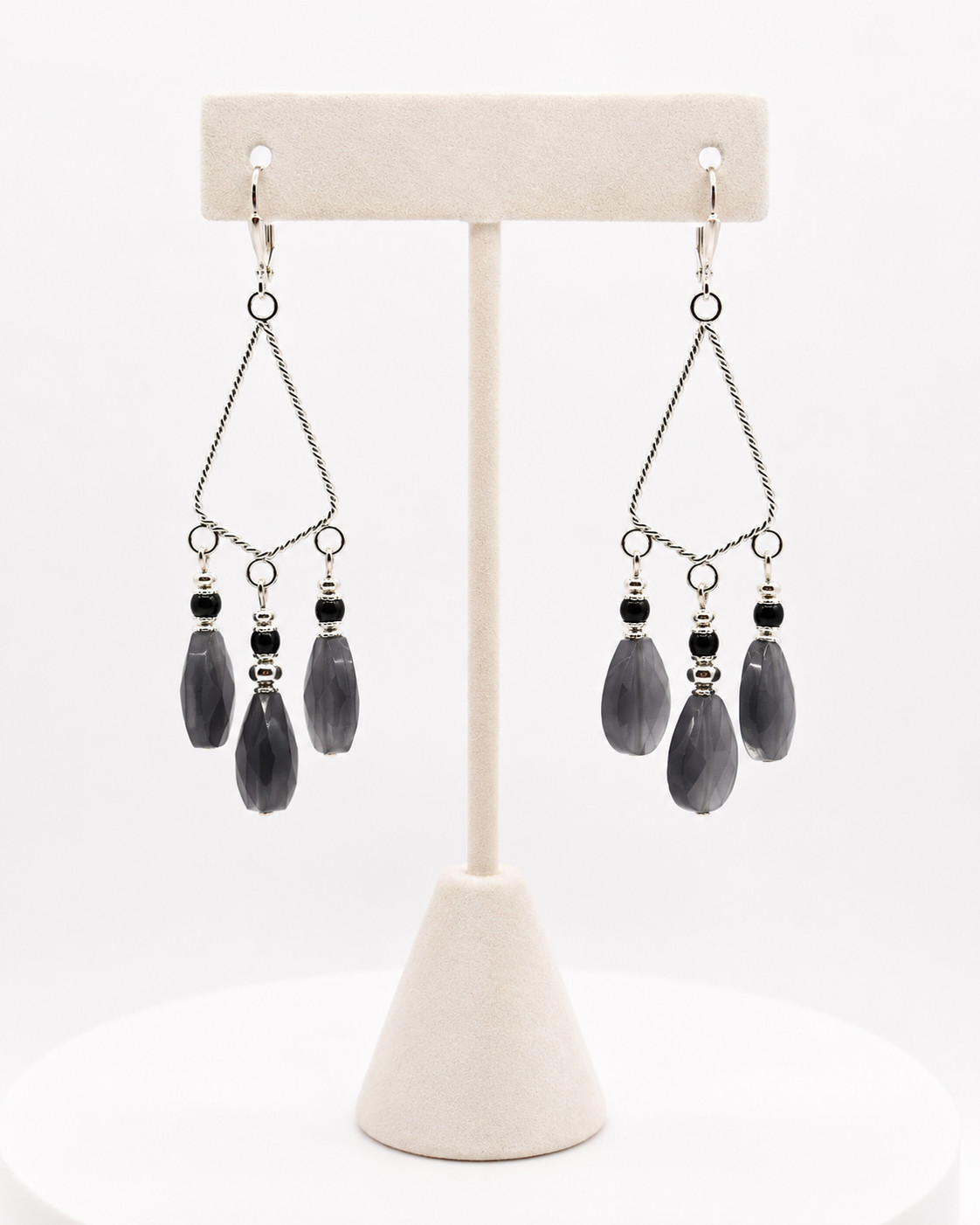 Silver Tone Gray Faceted Bead Chandelier Dangle Earrings Leverback Boho