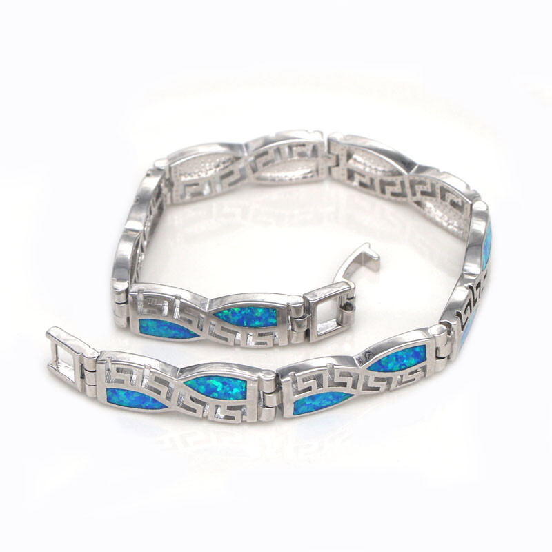 Hawaii Beach Blue Square 925 Sterling Sliver Fire Opal Bracelet 18cm