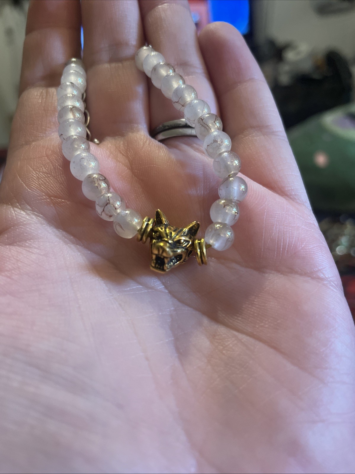 Pearl And Gold Glass Bead Bracelet With Metal Wolf Head Charm Adjustable Size
