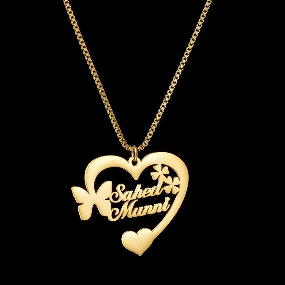 Custom Two Name Necklace Jewelry Heart Pendant Partner Gift Leaf Butterfly Gold