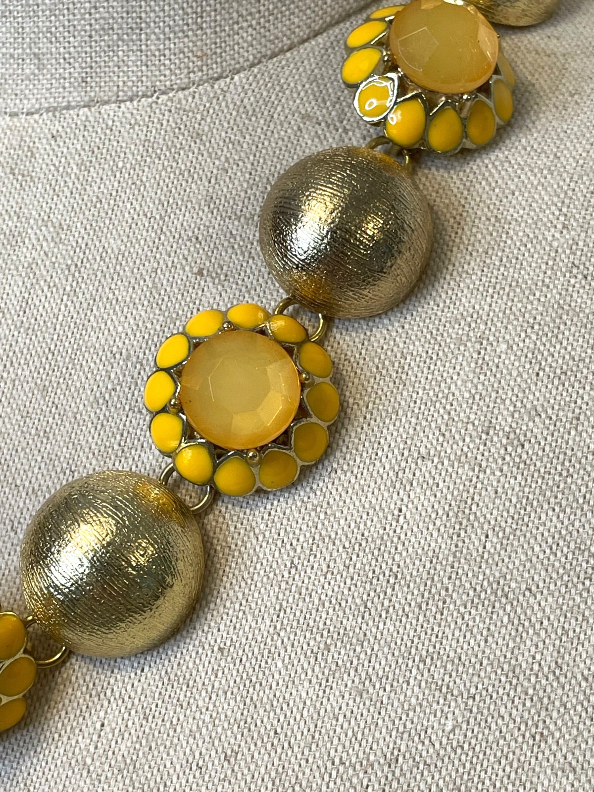 Sunflower Yellow Enamel & Bead Gold Tone Brushed Round Dome Choker Necklace