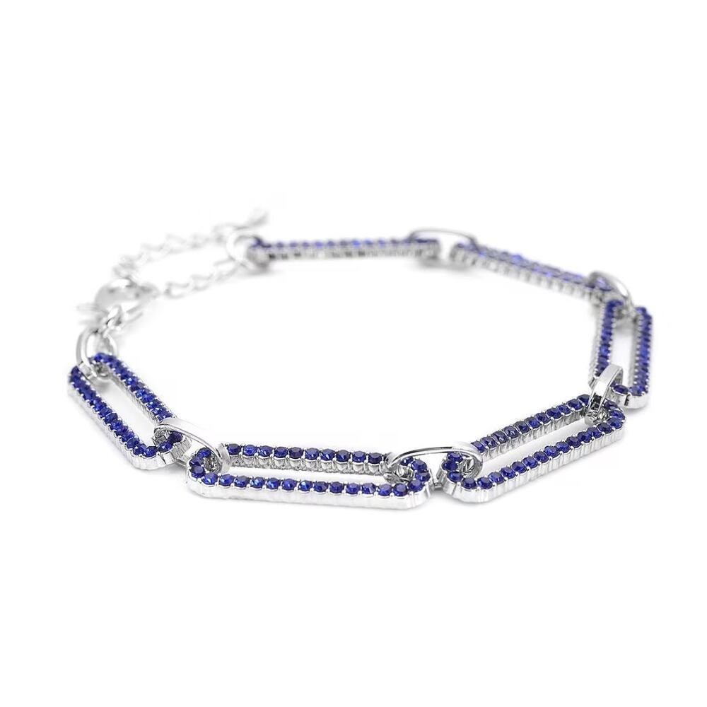 Blue Austrian Crystal Paperclip Chain Bracelet Silver Tone Adjustable 7.5-9.5″