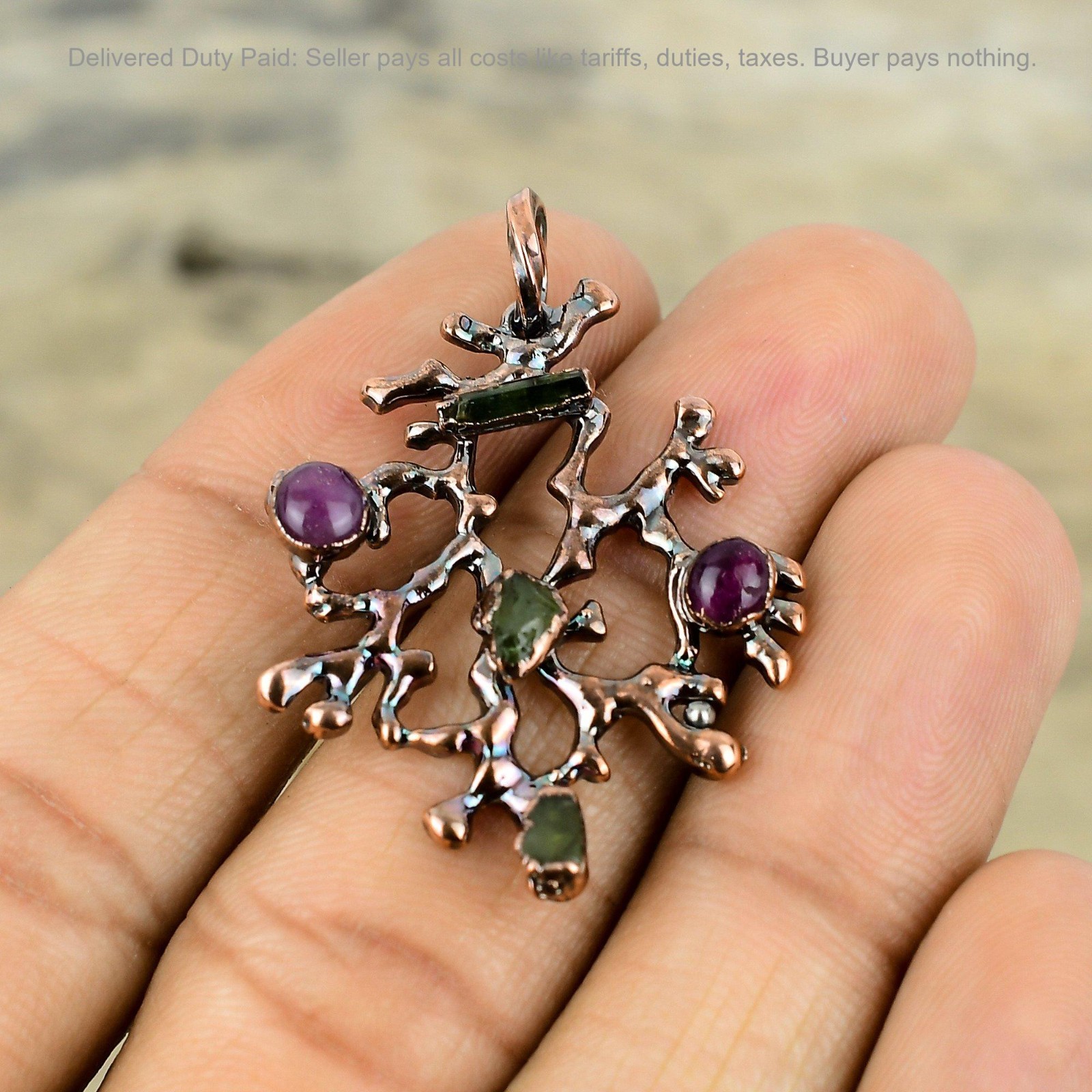 Multi Tourmaline Rough Stone Copper Bezel Electroformed Unique Pendant Jewelry