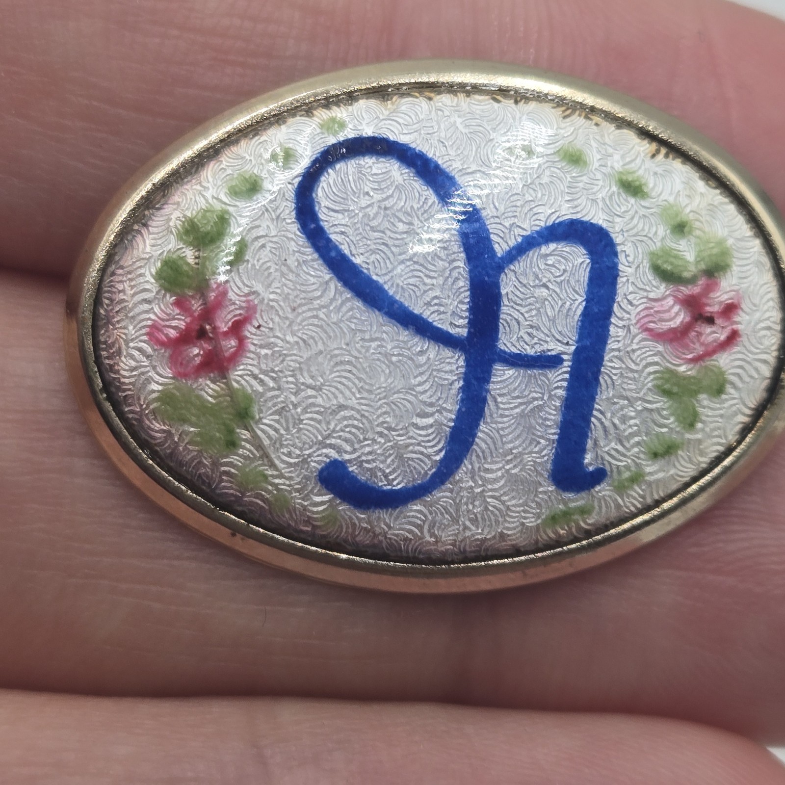 Vintage Guilloche Enamel Initial Blue A Pink Flowers Brooch Pin