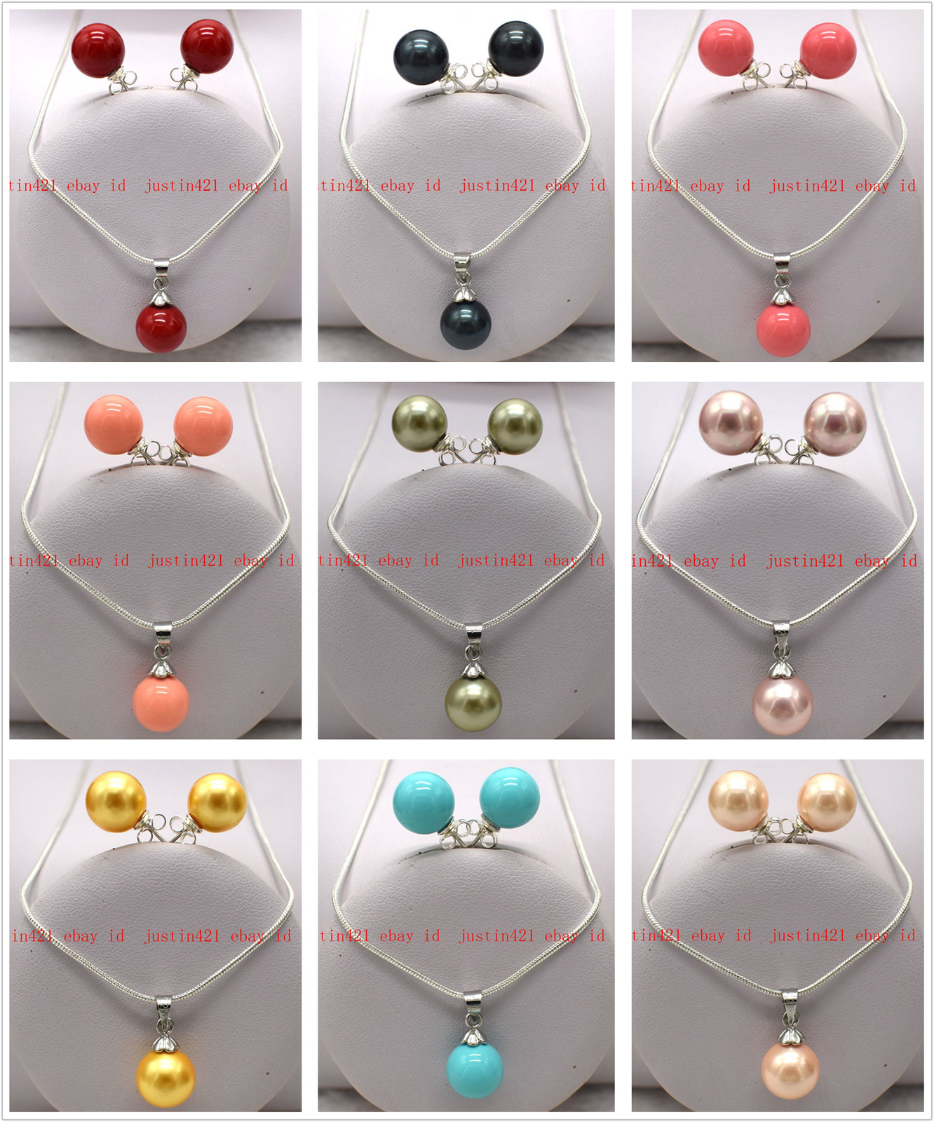 Natural 8/10/12/14mm Multicolor Shell Pearl Pendant Necklace Earrings Set 16-24″