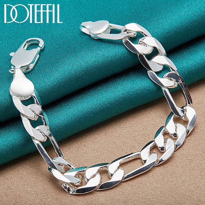 12MM Sterling Silver Bracelet Men 925 Side Chain Fashion Party Jewelry 8 inch