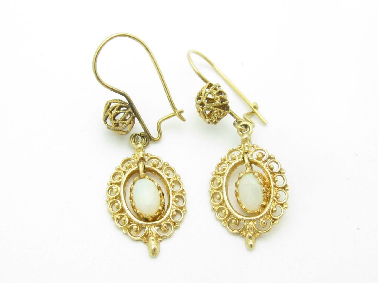 14k Yellow Gold & White Opal Vintage Halo Design Lever Back Chandelier Earrings