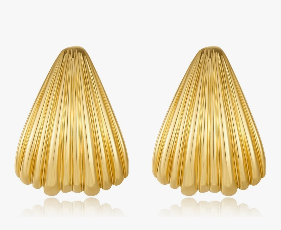 Earrings Gold Ribbed Teardrop C-Shaped J-Shaped Waterfall Texture Copper
