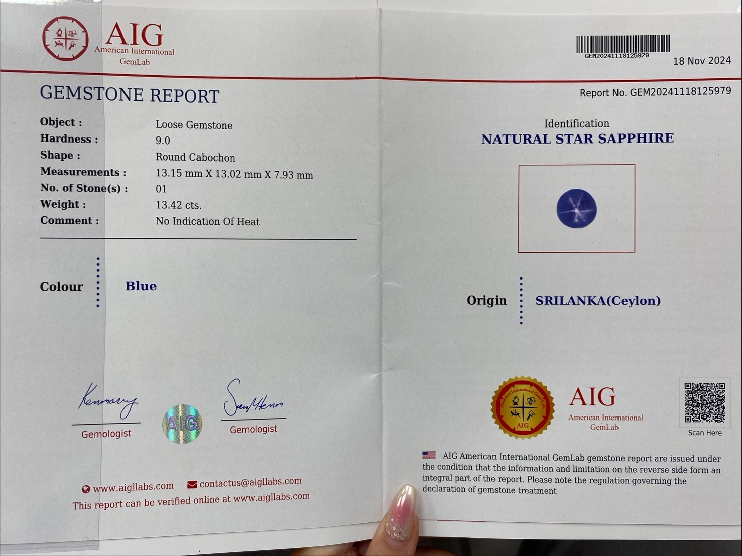 [jerseychou] Natural Star Sapphire 13.42 ct , Sri Lanka, No heat ,AIG