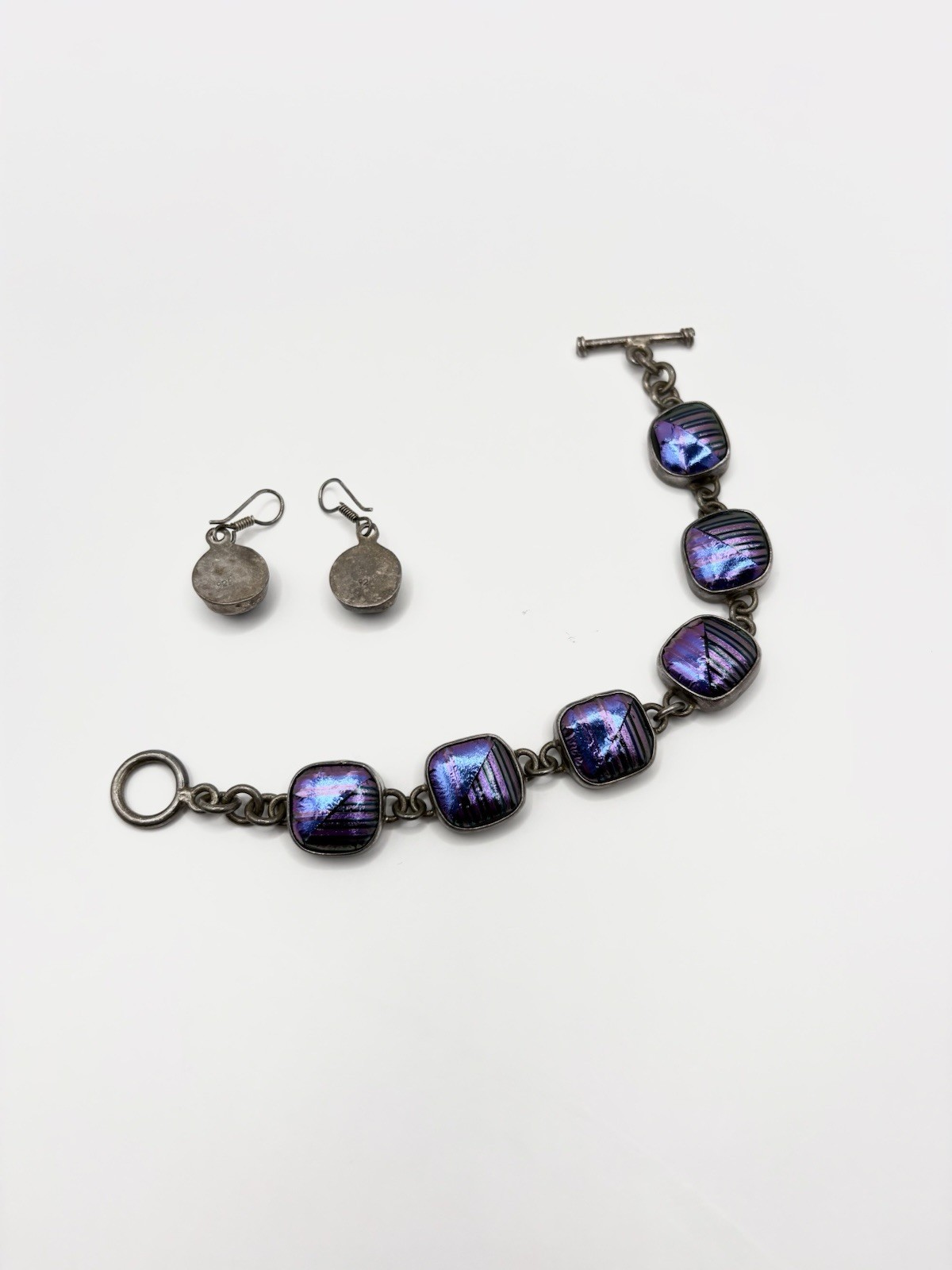 Vintage Purple Square Dichroic Glass Link Charm Bracelet & Earrings Set
