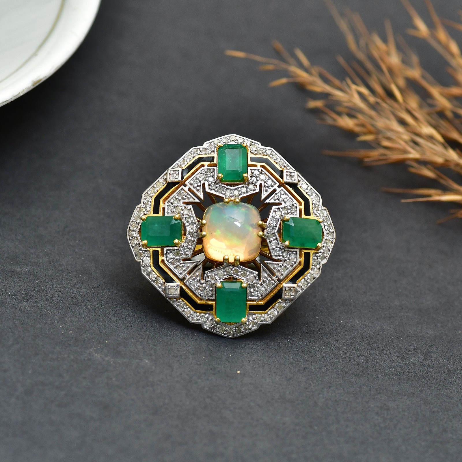 Opal Diamond Ring,Emerald Pave Diamond Ring, Pave Diamond Ring Jewelry.Emerald