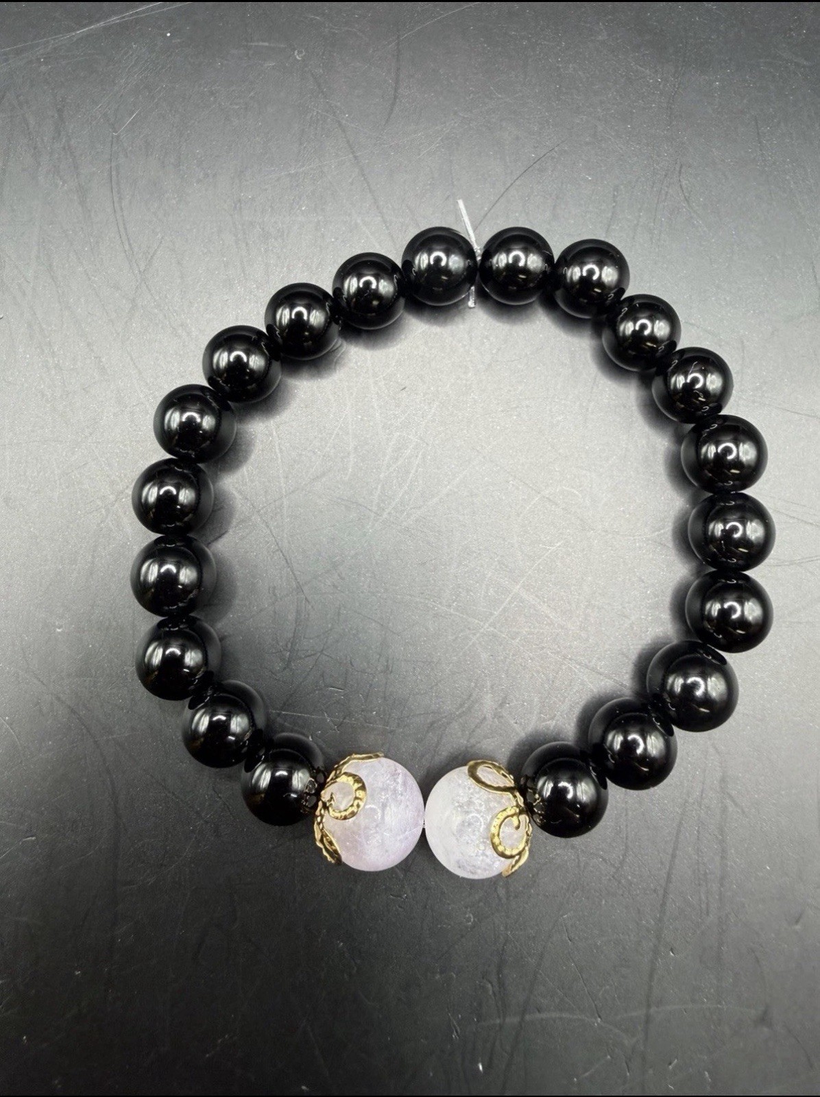 Black Agate Beaded Elastic Stretch Bracelet with Purple Crystal Beads