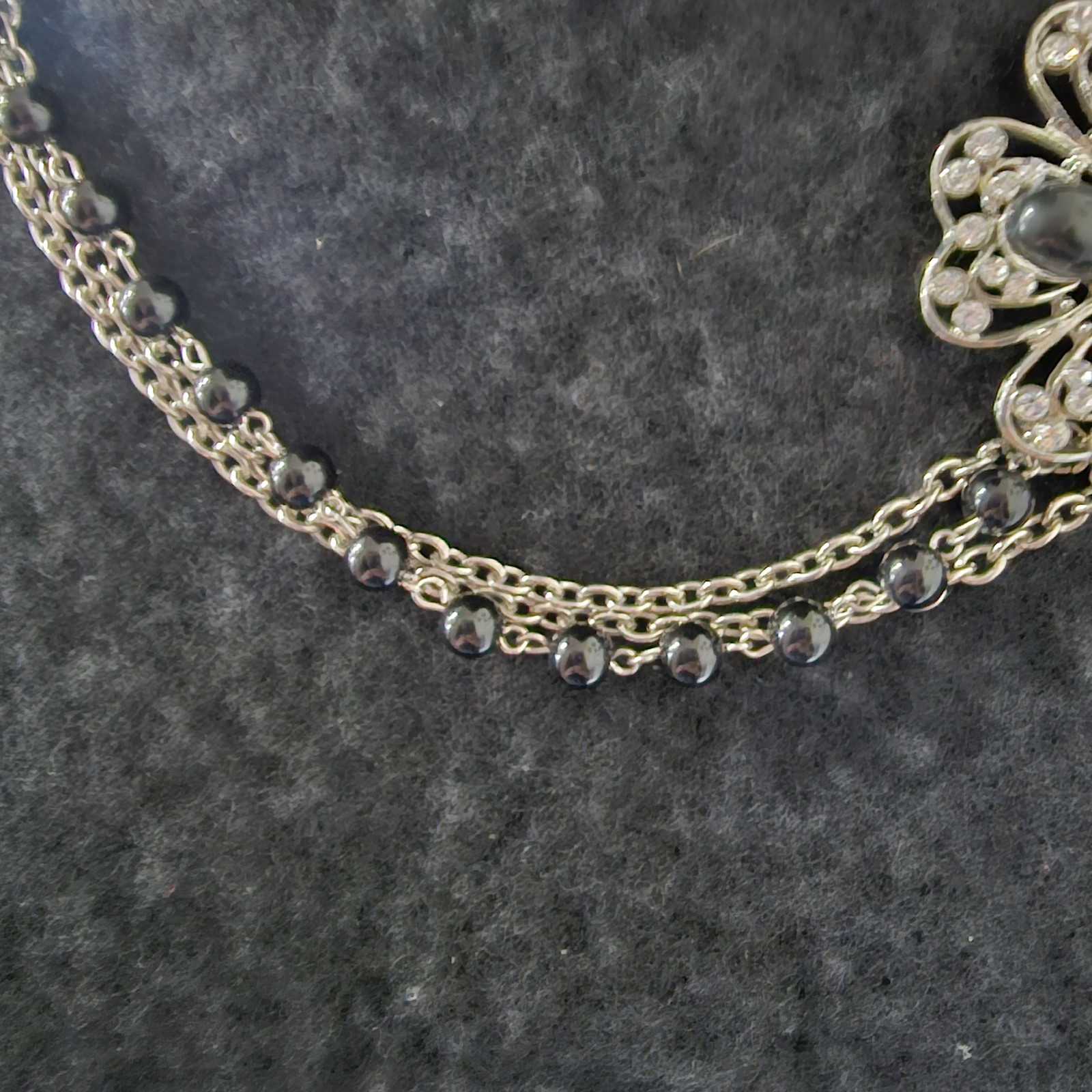 Silver Tone Black Flower Statement Necklace Layered Chain Floral Crystal Accent