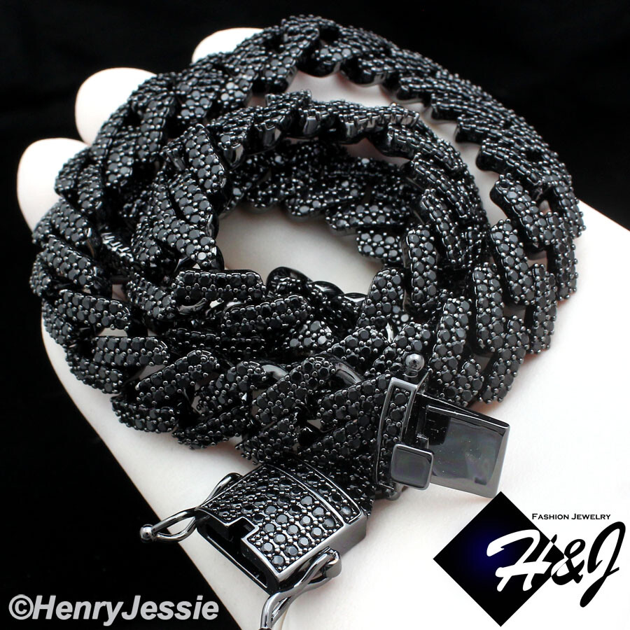 20″MEN 14K BLACK GOLD PLATED ICY BLING CZ 14MM MIAMI CUBAN CHAIN NECKLACE*BBN6
