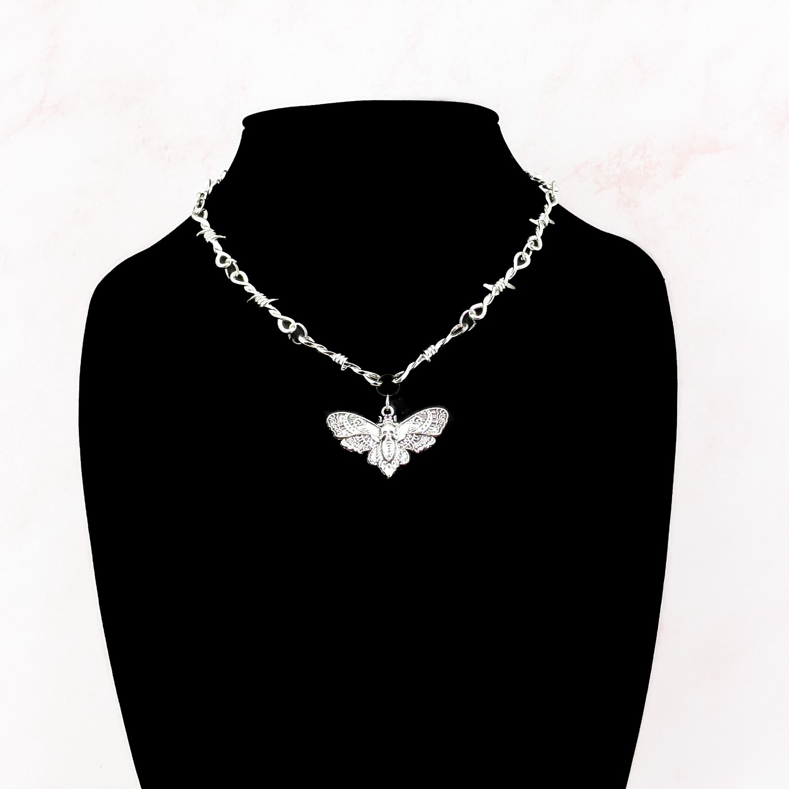 Deaths Head Moth Barbed Wire Choker Necklace goth oddities jewelry skull gift