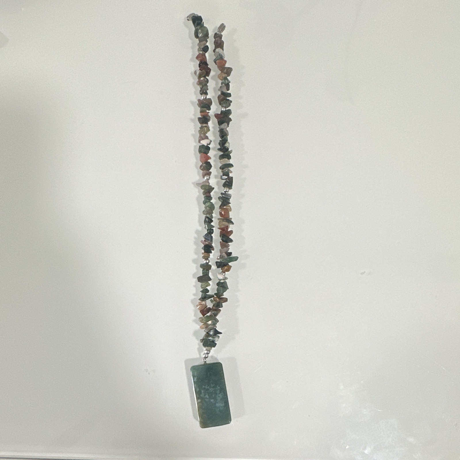 Vintage Fancy Jasper Gemstone Chip Necklace Green Slab Pendant Boho