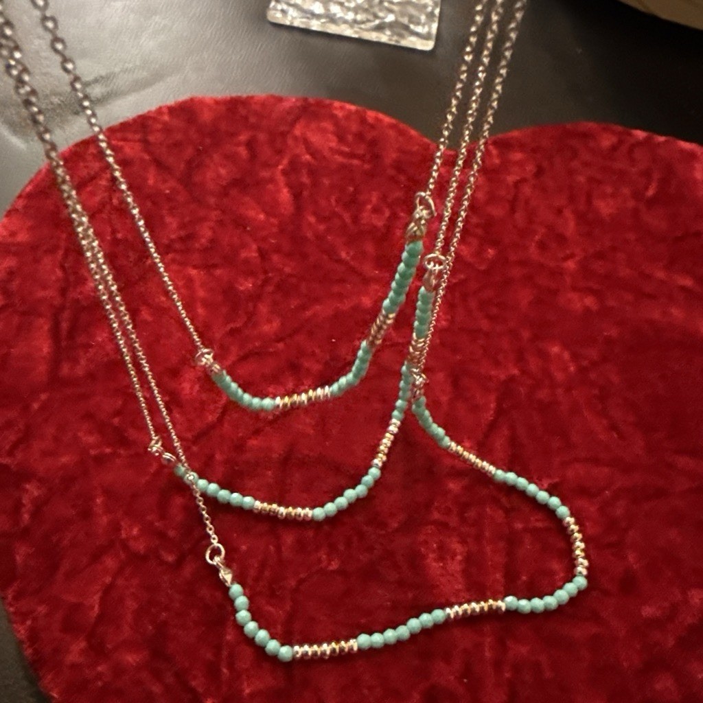 Layered Silver Tone Cable Chain Necklace w/ Blue Round Beads Lobster Clasp