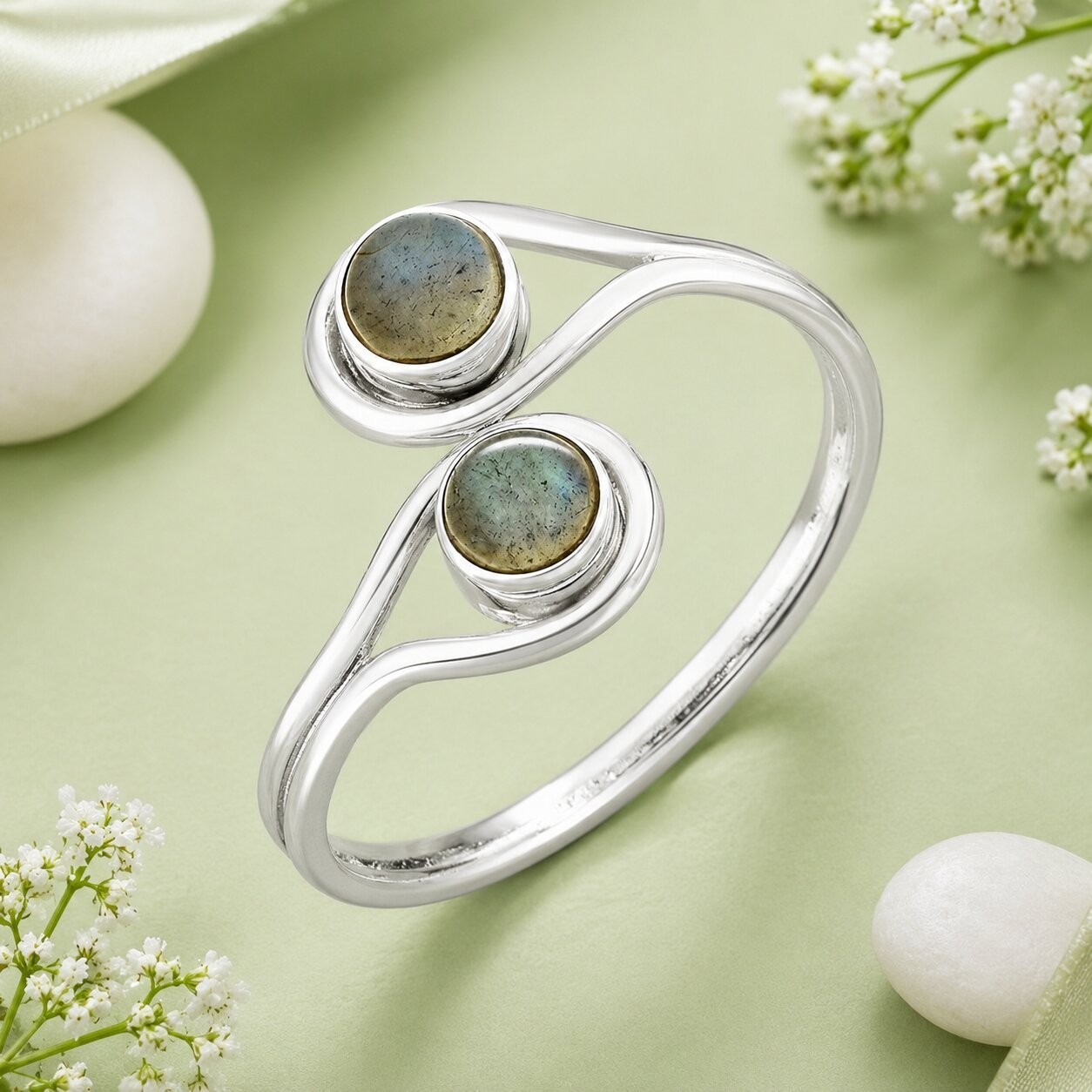 925 Sterling Silver Labradorite Open Bypass Ring Handmade Gemstone Ring Women
