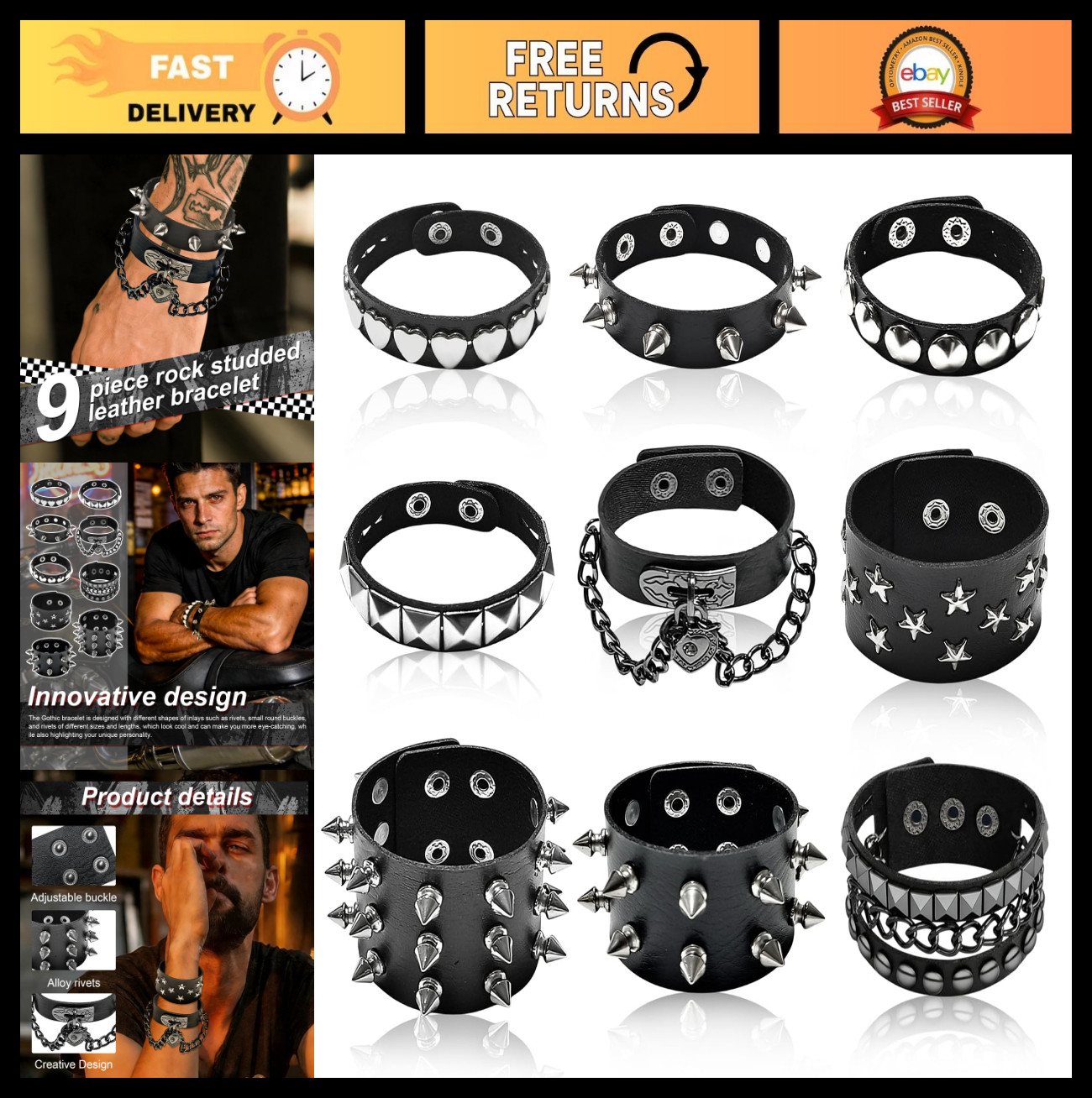 Spiked Leather Bracelet, Emo Punk Wristband, 80s Goth Accessories for Rockers