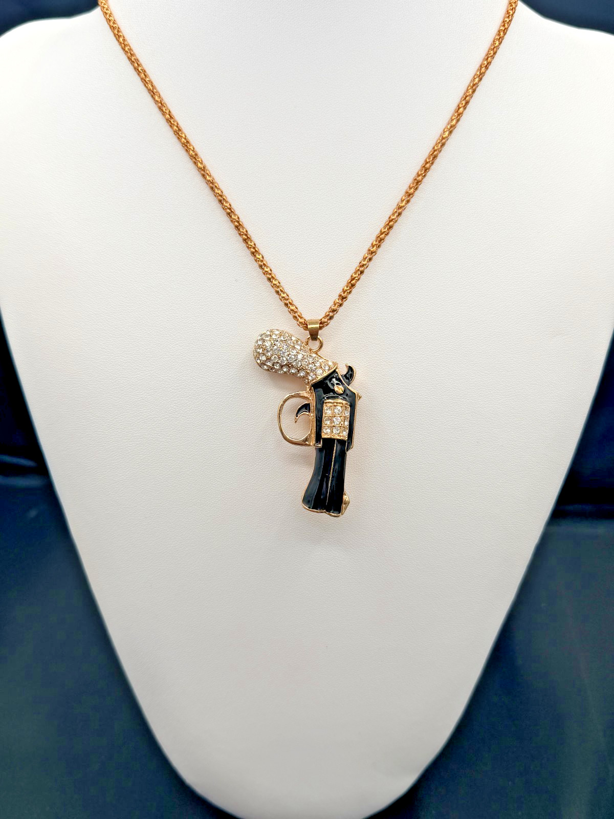 Betsey Johnson Necklace Gun Pistol Gold Green Enamel Gun Pistol Crystals | 28in