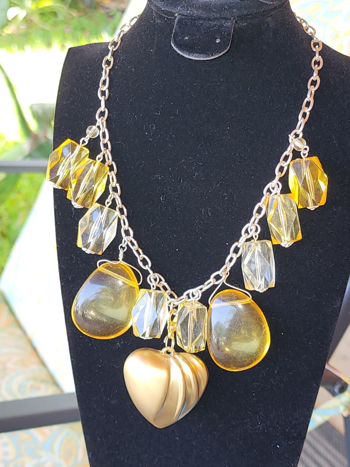 Gold Heart Pendant Statement Necklace Designed With Yellow Vintage French Lucite