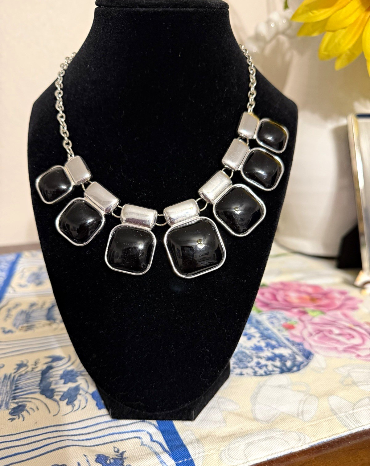 Silver Tone & Black Statement Necklace w/ Geometric Pendant, Cable Chain