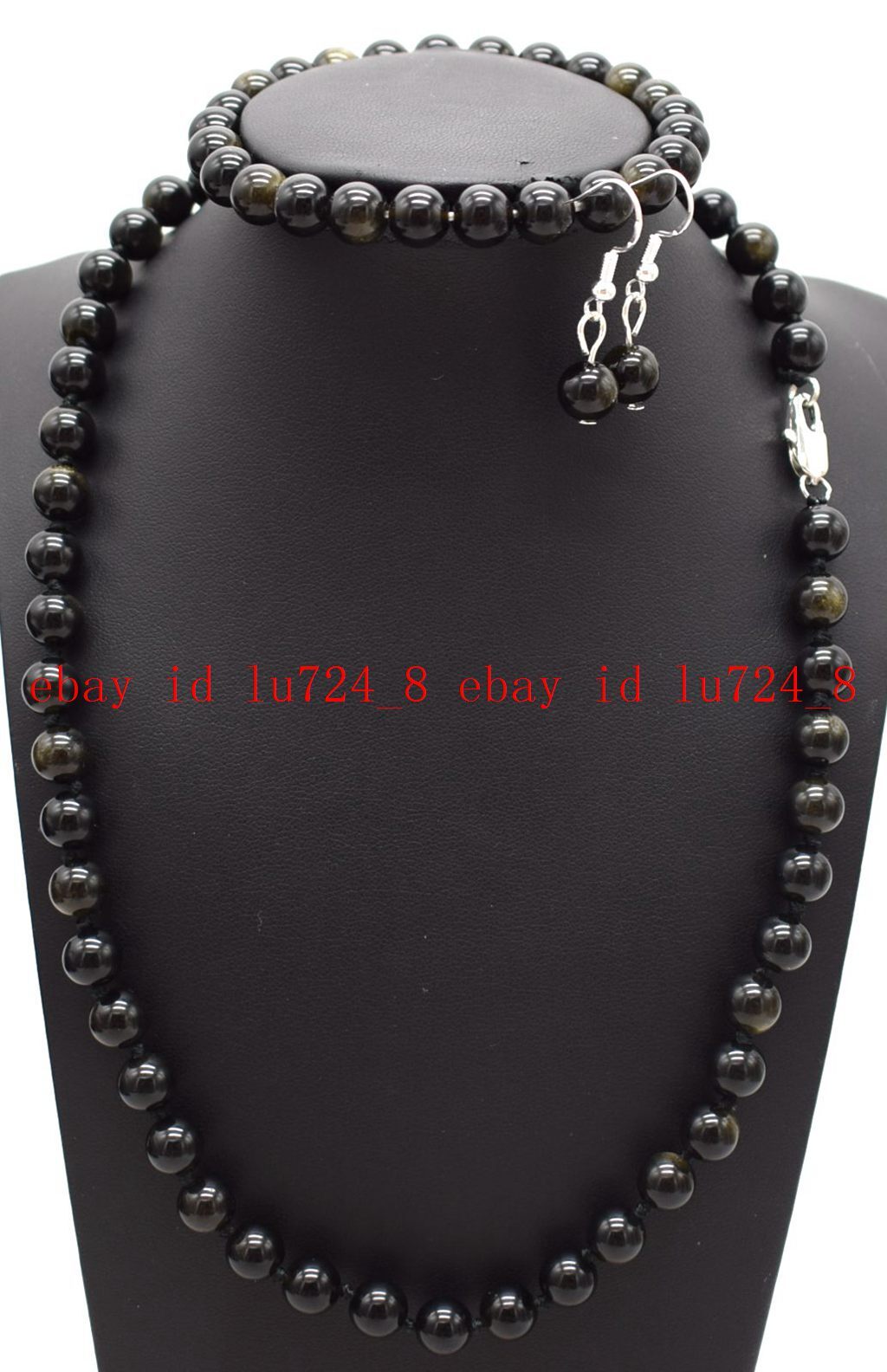Fashion 6/8/10mm Gold Odsidian Round Gems Beads Necklace Bracelet Earrings Set