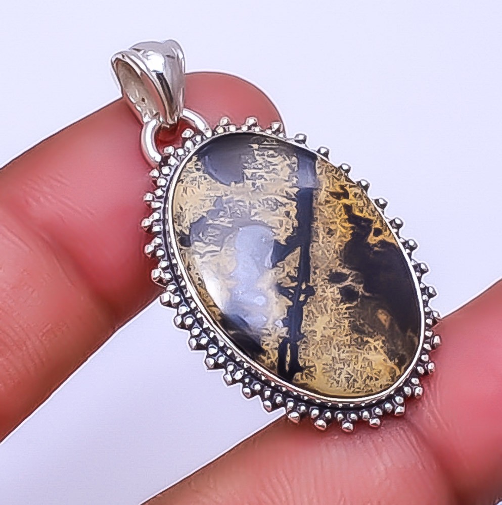 Honey Dendritic Opal – Mexico Gemstone 925 Sterling Silver Pendant 1.56″ P11