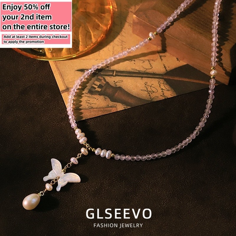 Natural Freshwater Baroque Pearl Shell Butterfly Pendant Necklace Beads Chain