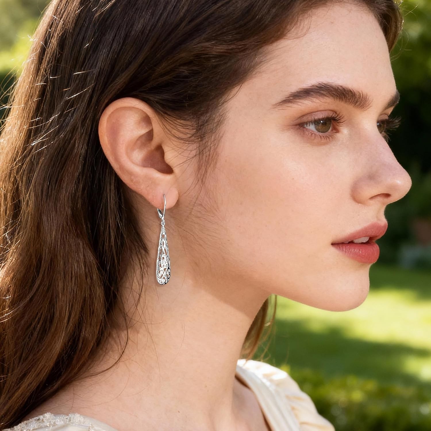 Women’s Silver Long Teardrop Dangle Leverback Earrings 14K Silver Dangle