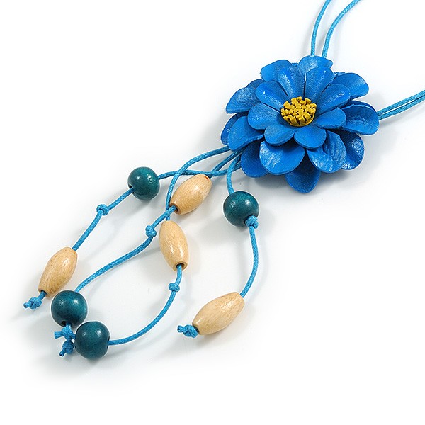 Daisy Flower Leather Pendant with Long Cotton Cord/ Blue/ 80cm L/ Adjustable