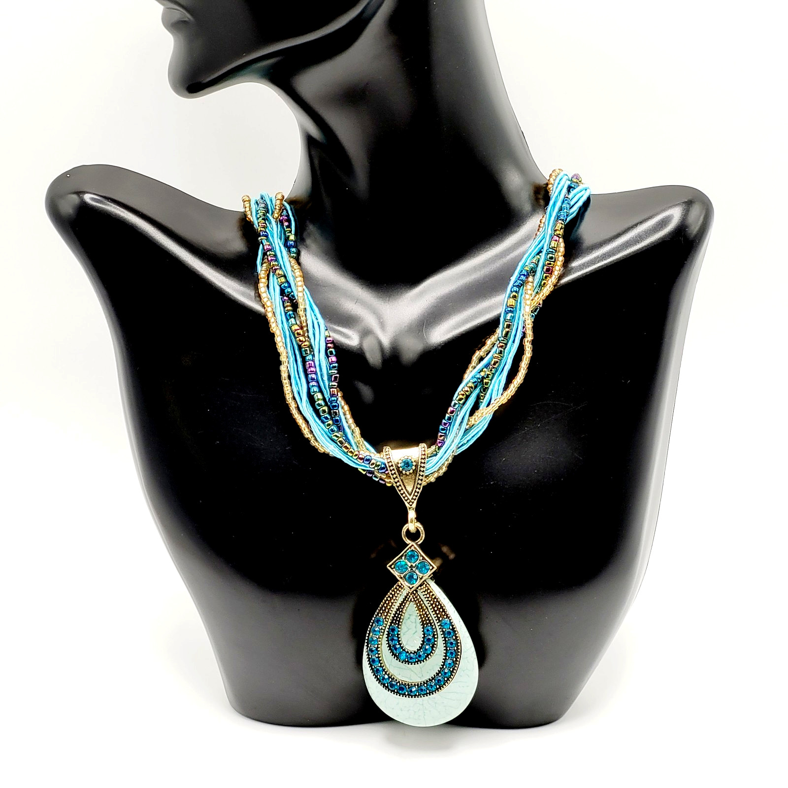 Modern Braided Multi Strand Peacock Colors Crystal Faux Stone Pendant Necklace