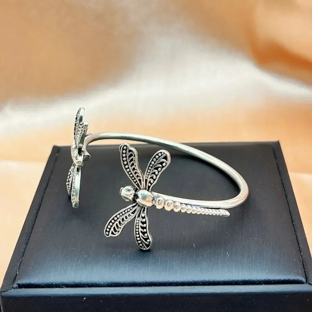 Boho Dragonfly Open Cuff Bracelet Silver Tone Adjustable Metal Bangle for Women