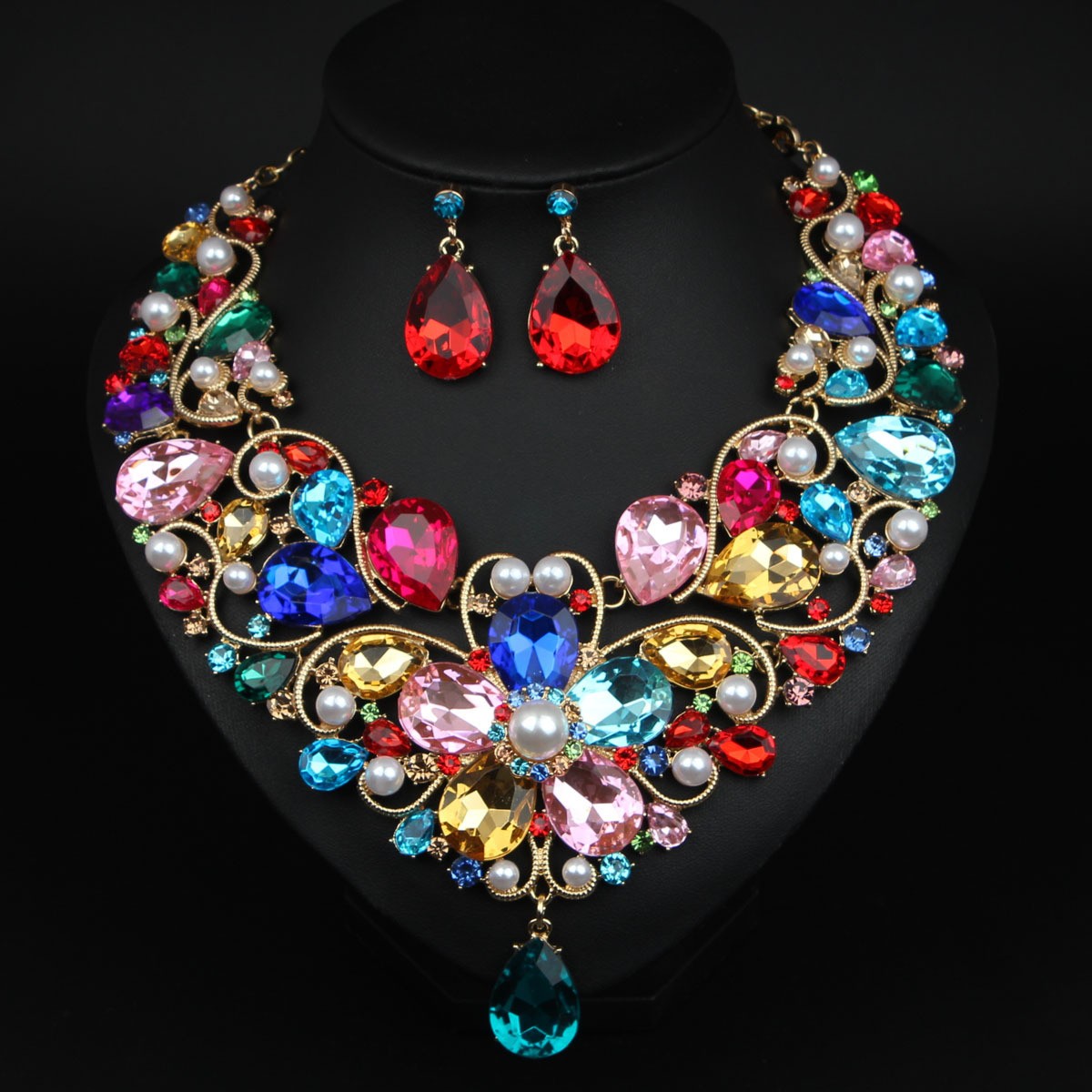 Vintage Crystal Statement Necklace Earrings Set Rhinestone Jewelry for Wedding